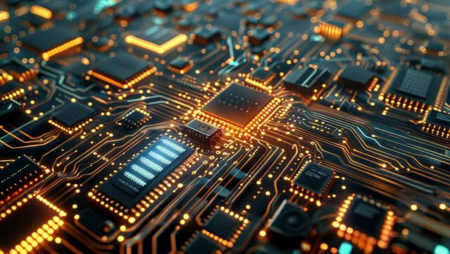 Pulling back from a futuristic grey and orange circuit board with many microchips
