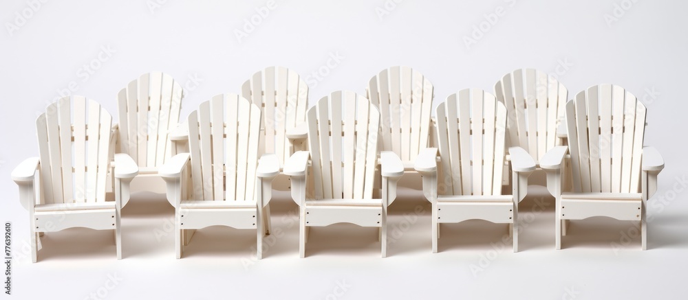 Poster a row of white wooden chairs neatly arranged in front of a plain white wall, creating a minimalistic