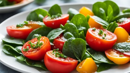 Juicy tomato salad with fresh spring greens