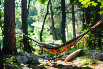 Peaceful hammock strung between trees in a sunlit forest.
