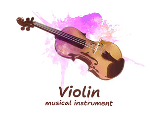 Violin, musical instrument with colored emotional drop and splash in the background. Vector illustration. Art collage on a white background. Design template for music festival, poster, banner