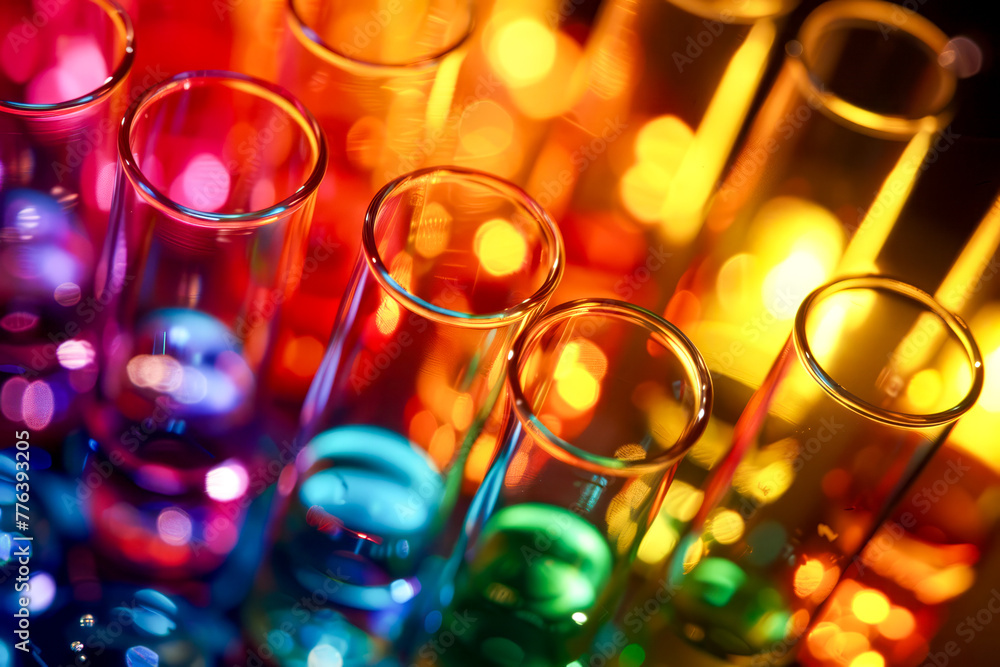 Poster close up of row of colorful tubes with lights in the background.