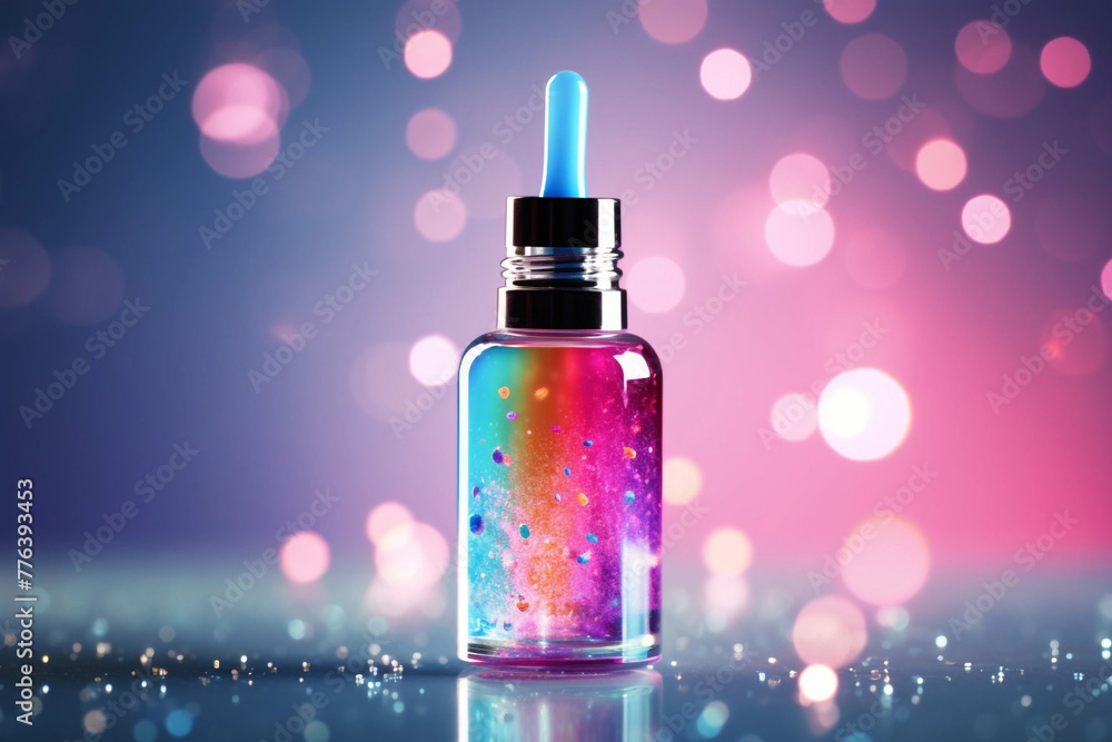 Wall mural pipette bottle on blue blurred background with bokeh with glitter 