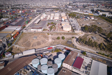 Liquified natural gas storage. LNG or LPG gas plant. Storage tanks for liquefied gas. Aerial view 