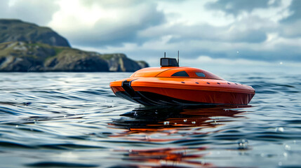 Orange boat floating on top of body of water next to small island.