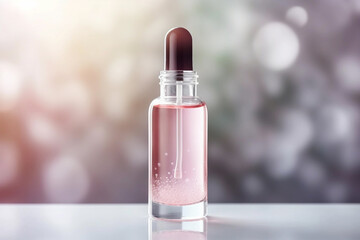 glass bottle with pink liquid on pink blurred gray background with bokeh.