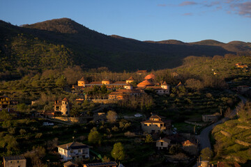 Panoramic view of the classic motorcycle museum in Hervas Extremadura at sunset horizontally