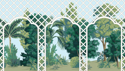 Garden with pergola, trees, plants mural. Landscape wallpaper.	 - 776394680