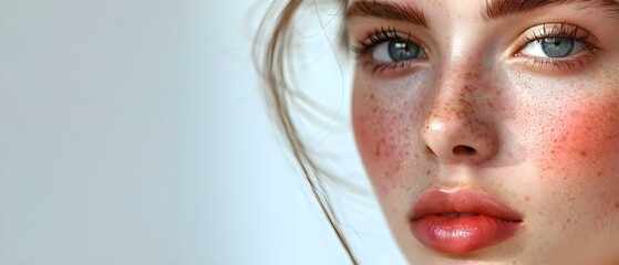 Treatment for a woman with red facial rash from Lupus: A close-up perspective. Concept Lupus Rash, Facial Skincare, Red Rash Treatment, Lupus Awareness, Close-up Photography - obrazy, fototapety, plakaty