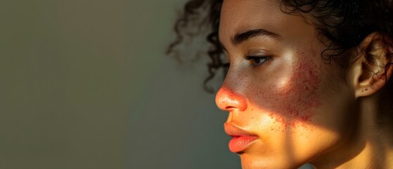 Closeup of woman with red facial rash from Lupus seeking treatment. Concept Lupus Awareness, Skin Health, Red Facial Rash, Medical Treatment, Closeup Portrait - obrazy, fototapety, plakaty