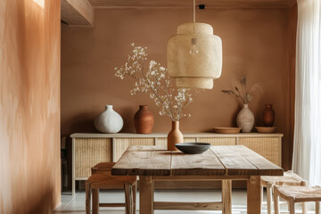 Modern light terracotta dining room with wooden furniture. Generative AI