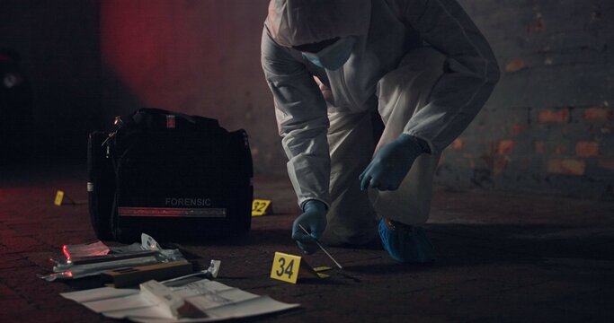 Forensic, csi and swab for dna at crime scene for medical investigation, research analysis and evidence inspection. Science, expert in hazmat and case investigator with observation or search at night