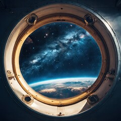 View of the earth from the porthole of a spaceship.