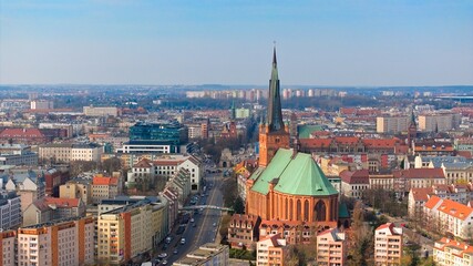 A photo of Szczecin taken by a drone on a March day. - obrazy, fototapety, plakaty