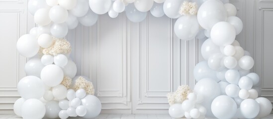 Fototapeta na wymiar A detailed view of an elegant balloon arch adorned with delicate white flowers for a sophisticated event decoration