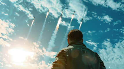 Person watching a missile launch sequence against a blue sky