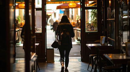Urban Silhouette: A Lone Figure's Exit Into the Bright City Streets from a Dimly Lit Café