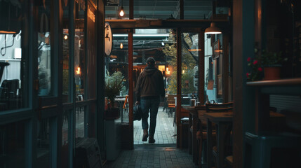 Moody evening scene with a person exiting a warmly lit cafe into the street