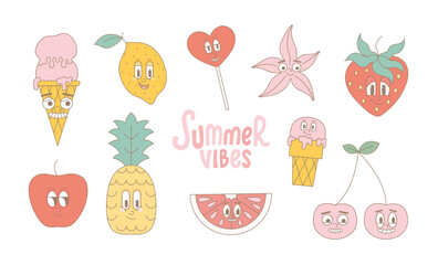 Groovy summer fruits, coctail. Funky mascot of pineapple, strawberry, cherry. Vector modern fruits