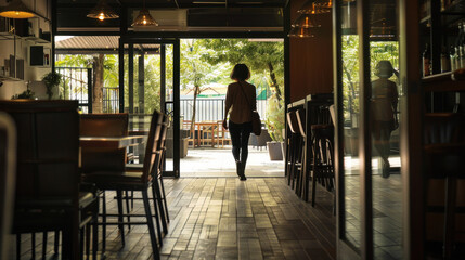 Solitary Figure Exiting a Cozy Café into Daylight