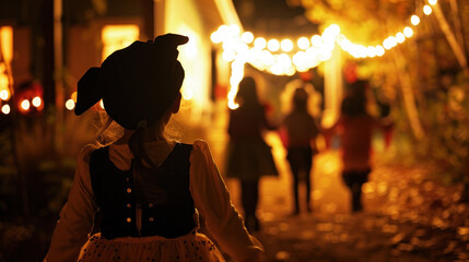 Halloween Night: Child in Costume on a Festive Trick-or-Treat Trail