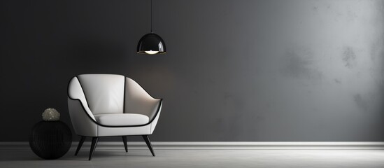 White chair placed in a room with dim lighting accompanied by a black lamp for added ambiance - obrazy, fototapety, plakaty