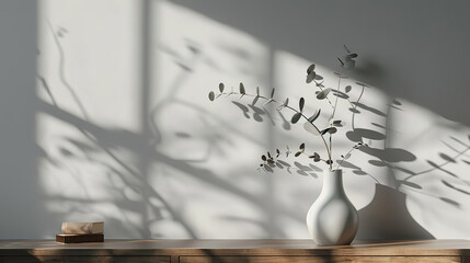 Modern minimalist grey vase on wooden stand with beautiful shadows from sun on light grey wall.
