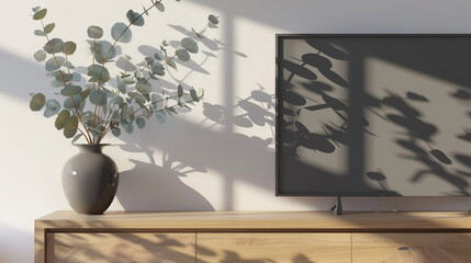 Modern minimalist grey vase on wooden stand with beautiful shadows from sun on light grey wall.