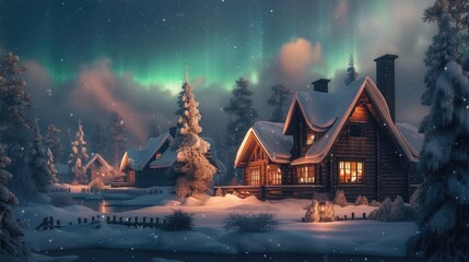 Snow-covered cabins glow warmly beneath the stunning aurora borealis in a serene winter landscape. Resplendent.