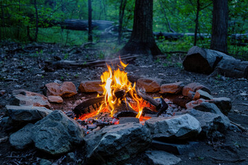 Camping Fire Pit in Forest at Twilight