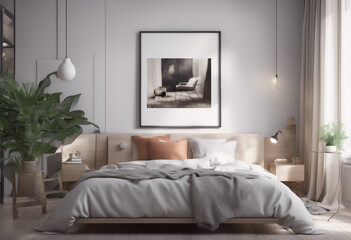 Bedroom interior with poster mockup modern style 3d render
