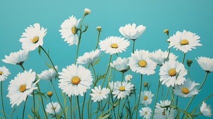 White Daisies with Green Stems Against a Bright Blue Background.
