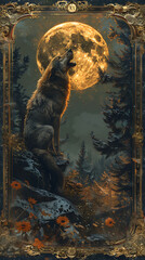 A fantasy tarot card featuring a male werewolf seeing a full moon framed by an ornate border. Generative Ai