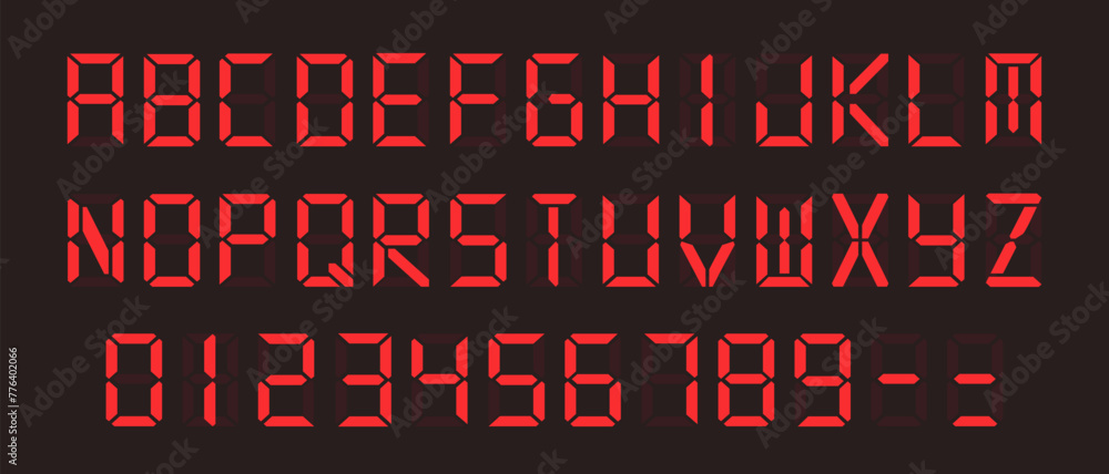Poster red digital display font with alarm clock letters, electronic alphabet, retro calculator symbols, lc
