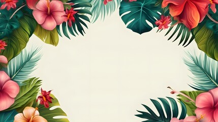 Background with tropical leaves and flowers. Summer jungle plants, exotic palm leaf, monstera leaves with space for text, top view - obrazy, fototapety, plakaty