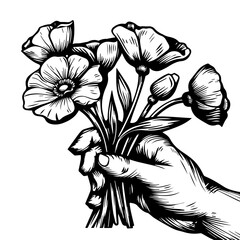 Hand Holding a Bouquet of Flowers Sketch Black Vector
