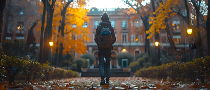 Student walking to university campus for education. Concept Education, University, Student Life, Campus Activities, Morning Routine
