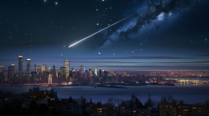 Fototapeta na wymiar Night Sky Sprinkled with Stars Above the City's Silhouette, Сamet, asteroid, meteorite flying on dark blue background. Night landscape.