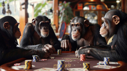 Chimpanzees playing poker around a table with chips