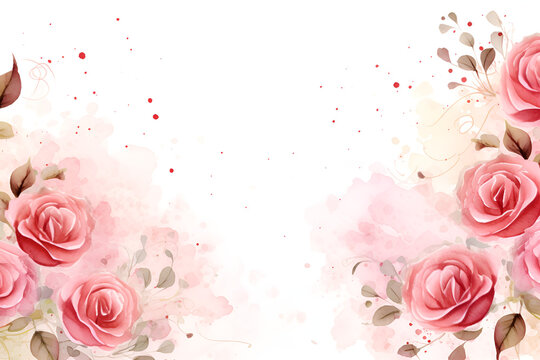 Frame of pink roses painted in watercolor. Romantic background. Pink spring.
