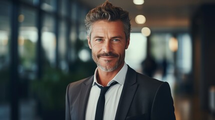 Fototapeta premium Portrait of handsome mature businessman in suit looking at camera and smiling while standing in office