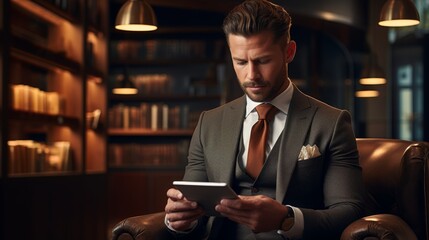 Handsome young man in suit using digital tablet while sitting in armchair in library
