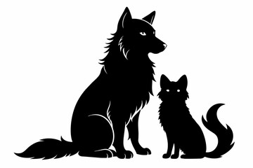 A dog and a Ragdoll sitting together vector silhouette on white background  