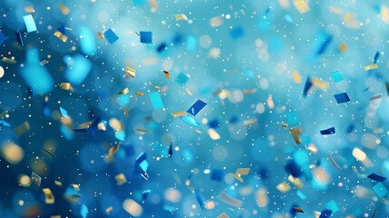Golden confetti on blue background. Flying sparkles. Festival and birthday party concept