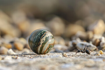 Close-up of an ant approaching a colorful marble on sandy ground - Powered by Adobe