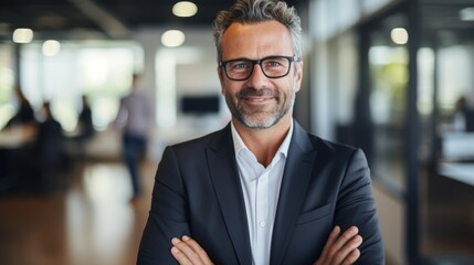 Fototapeta premium Portrait of confident businessman with arms crossed standing in office. Businessman looking at camera