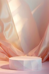 Abstract surreal scene - empty stage with white polygonal podium on pastel pink and gold colored background. Pedestal for cosmetic product packaging mockups display presentation