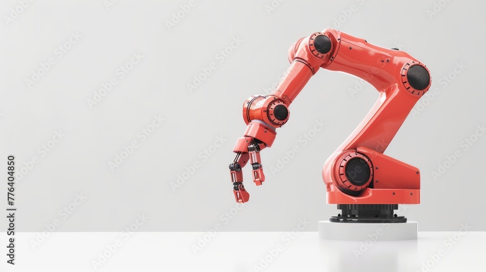 Poster automation factory industry 4.o concept with one robotic arm on light background with empty space