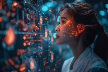 In a dimly lit setting, a woman explores an advanced, holographic interface with digital data and security elements