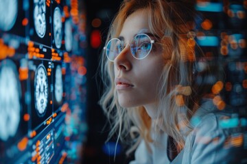 A female professional intently studies intricate digital screens with glowing data and analytical charts